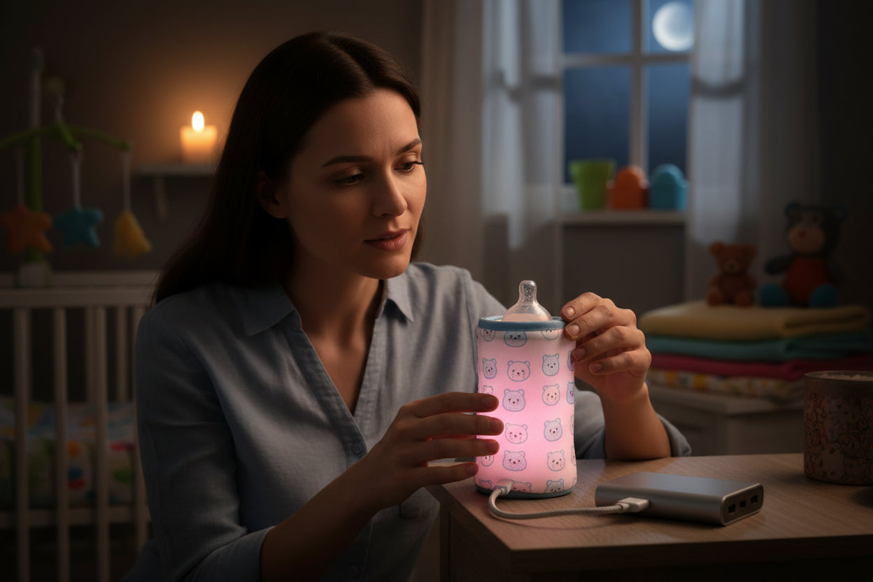Pink baby bottle with power bank, charging plug, and car USB adapter on a light blue background