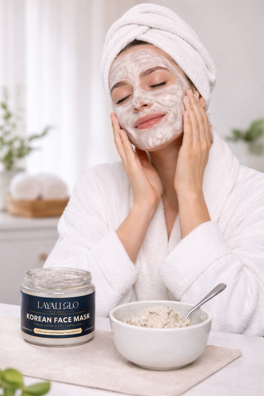 Woman applying face mask with LAVAH GLO product in the background