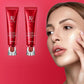 Two red skincare products with 'FV' branding on a pink background, alongside a woman applying cream to her face.