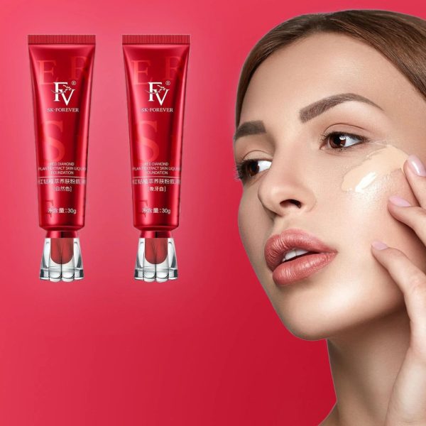 Two red skincare products with 'FV' branding on a pink background, alongside a woman applying cream to her face.
